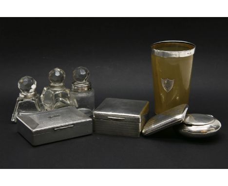 A silver rimmed horn beaker, together with a silver cigarette case, a silver cigarette box, a table snuff box, and a silver p