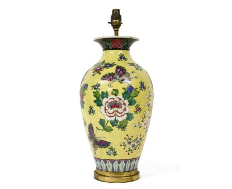 A 1920s yellow ground vase, converted to a table lamp, 39.5cm high