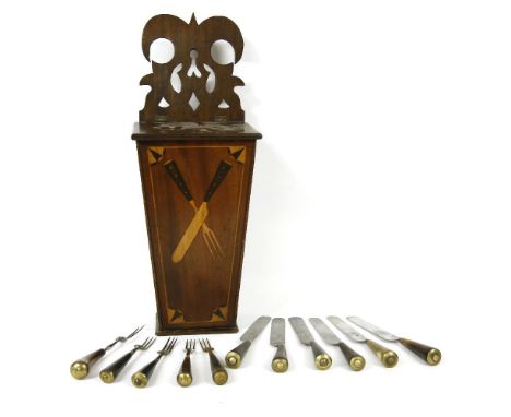 A mahogany inlaid cutlery box, late 18th/early 19th century, inlaid to the front with a crossed knife and fork, containing si