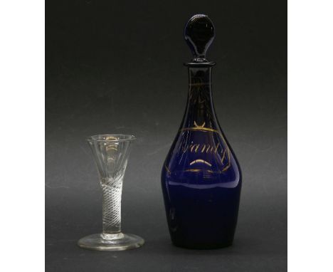 An 18th century cordial glass, with mercury twist stem and oversized foot, 11 cm high, together with a Regency Bristol Blue g