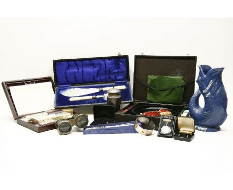 Collectibles to include a silver sifter, a bangle, fish servers, a reproduction sword paper knife, opera glasses, a small rou