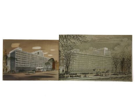 Three large original architectural studies, to include a charcoal study by Philip Hepworth, 1950, a framed watercolour of Fit
