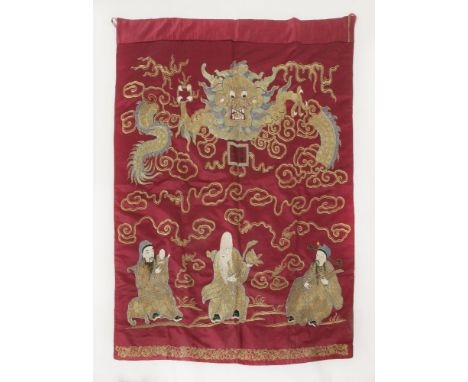 A gold thread needlework altar front, early 20th century, with a dragon amongst clouds and 'Long Tong Chong Xi' in a double s