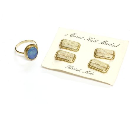 A gold single stone opal doublet cabochon ring, marked 10K, together with a pair of 9ct gold rectangular shaped chain link cu