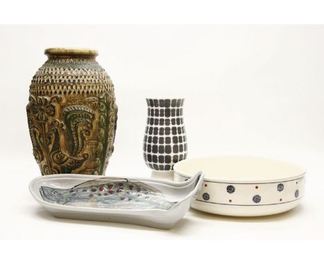 A Poole pottery vase with geometric decoration, 27cm high, together with a West German Art Pottery vase, a stoneware fish pla