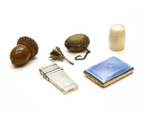 Miscellaneous interesting items: a silver case, a silver and blue enamel vesta (?) case, a perfume funnel, and 3 thimble hold