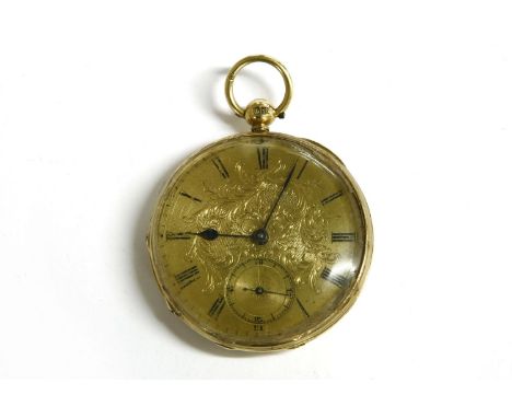 A Continental 18ct gold open faced pocket watch, with Arabic numerals and subsidiary seconds dial, engraved to reverse, with 