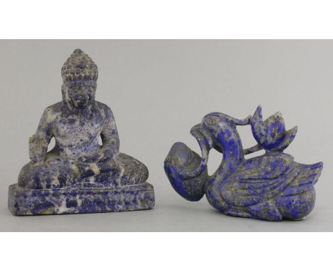 A lapis lazuli figure of Buddha, seated in abhaya mudra on pedestal and a lapis lazuli duck, well carved holding a lotus bran