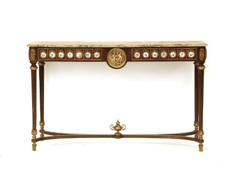 A Louis XV style kingwood and stained beech console table, the marble top above inlaid frieze with central gilt roundel flank