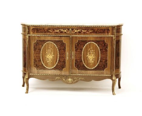 A Louis XVI design inlaid walnut and kingwood design commode, the marble top above a pair of frieze drawers and cupboards on 