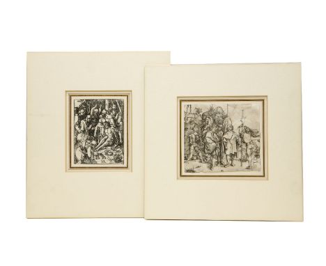 An Albrecht Durer engraving print, 'Five Foot Soldiers and a Mounted Turk', after the original of 1495, 13 x 14 cm, together 