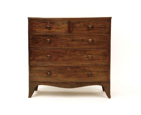 A 19th century mahogany bow front chest of drawers, the two short and three long drawers with knob handles on bracket feet, 1