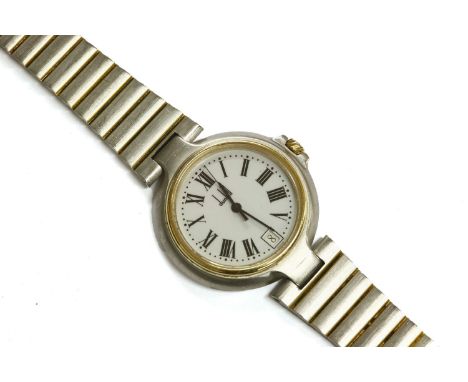 A gentleman's mid size bi-colour Dunhill quartz bracelet watch, with white enamel dial and Arabic numerals, and date aperture