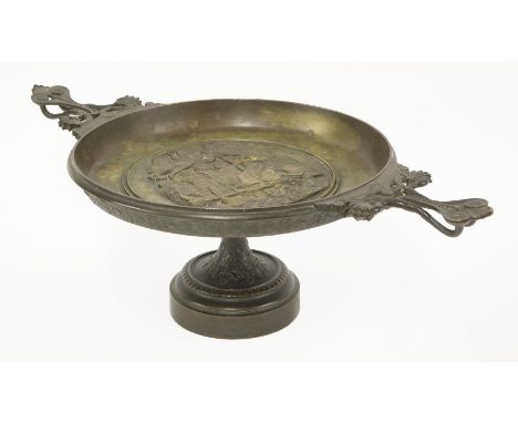 A neoclassical tazza,late 19th century, the shallow bowl centred with a panel of Roman figures, with twin handles and raised 