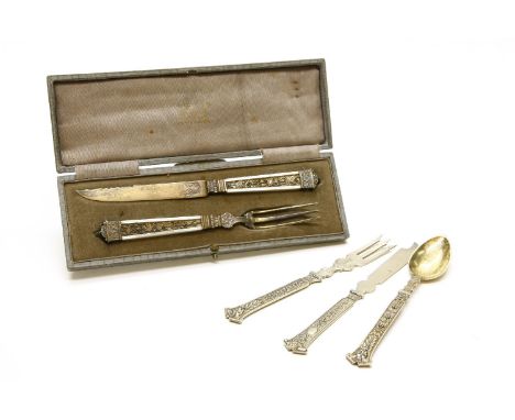 A cased knife and fork import hall marked with blind fret work and mother of pearl handles, together with 800 standard knife,