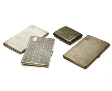 Four silver cigarette cases, Birmingham 1929, 1938, 1947 and 1951, three engine turned, by Robert Pringle. 22oz
