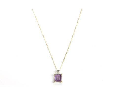 An amethyst and diamond pendant, marked 375