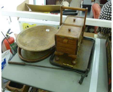 Treen: to include an Edwardian string inlaid mahogany tray, set with a mirrored panel  22'' x 15''       BSR