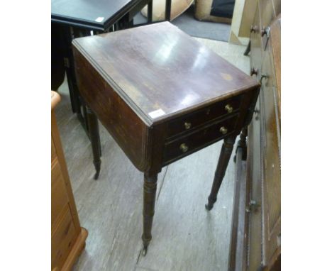 A late George III mahogany Pembroke style work table, having a string inlaid bordered top, over two shallow drawers and two f