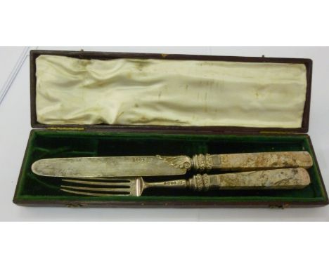 A silver Christening knife and fork set, on mother-of-pearl effect handles  London 1911       11