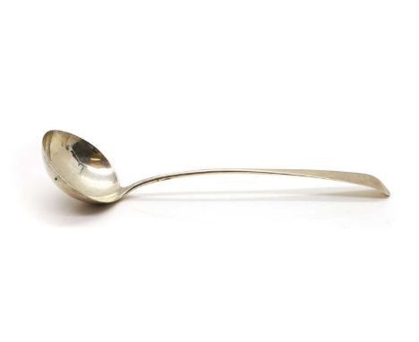 A Scottish Provincial silver Old English pattern ladle, late 18th century, Benjamin Lumsden, Montrose, two marks: BL, flower 