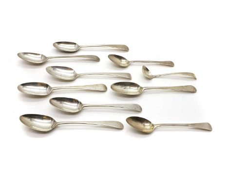 A group of Old English pattern silver flatware comprising a pair of tablespoons, maker 'I.L', Dublin 1767, 21.4cm long, two f