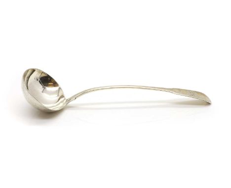 A George III Fiddle pattern silver soup ladle, by Sarah &amp; John William Blake, London 1816, engraved with a cipher,32.5cm 