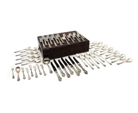 An American silver canteen by Gorham, marked Sterling, comprising seven knives, six butter knives, twelve teaspoons, eight so