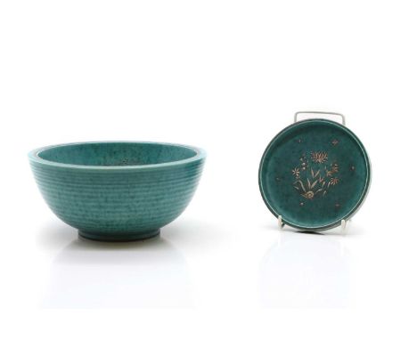 A Swedish Argenta ware bowl,  c.1930, model number 1107, designed by Wilhelm Kåge for Gustavsbergs Porlinsfabrik, with a ribb