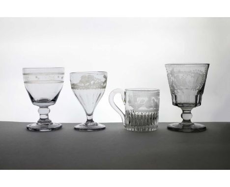 A group of three glass rummers c.1800 and later, comprising a Sunderland Bridge rummer, engraved with a scene of the bridge, 