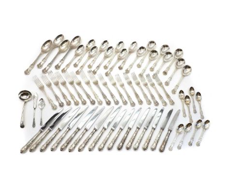 A modern canteen of Queens pattern silver flatware, comprising eighteen knives, eighteen forks, eight soup spoons, eight dess