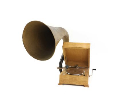 A EMG Model 1X oak cased gramophone, replacement gold ring sound box,22 inch paper mache horn,48cm x 57cm x 28cmCondition Rep