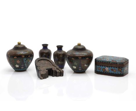 A group of cloisonne items, to include two covered vases, two bud vases, a box and a hardstone model of a temple or mausoleum