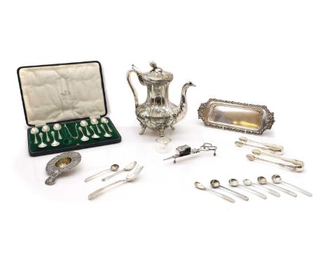A collection of silver and silver plated items comprising a Dutch silver strainer, embossed with dancing cherubs, 13.5cm long