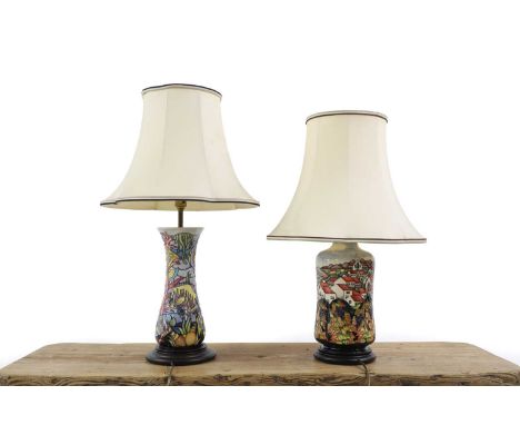 A Moorcroft pottery 'Andalusia' pattern lamp on a wood stand, with a shade,30.5cm high to the fitting together with a Moorcro