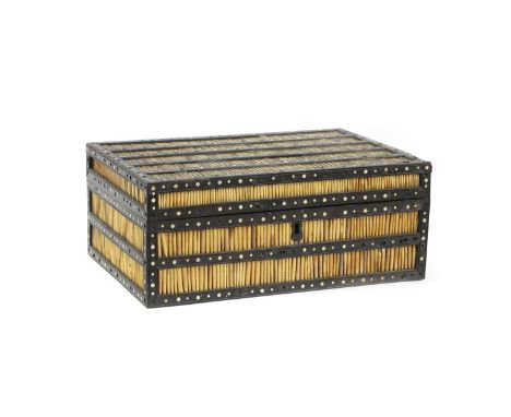 A Sinhalese porcupine quill, ebony and ivory workbox,  19th century, Ceylonese (Sri Lankan), opening to a single compartment,