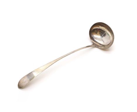 A George III Scottish silver Celtic Point pattern soup ladle, by Francis Howden, Edinburgh 1798, with engraved initials,35cm 