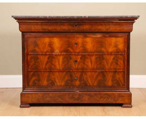 A 19th century French marble topped commode  with three long drawers, 128cm wide x 58cm deep x 95cm highSome minor surface ma