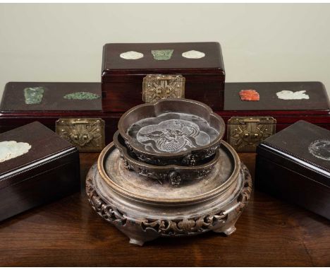 A group of five hardwood boxes with applied hardstone decoration together with; a pair of bronze low dishes; an Asian carved 