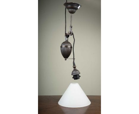 A pair of early 20th century French pendant light fittings with conical glass shades, wired for electrical use, 59cm long ful