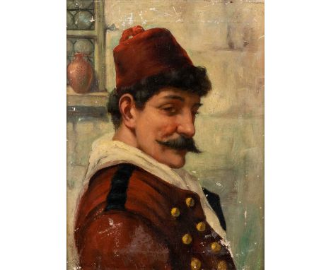 A portrait of a man in a fez, oil on canvas, signed indistinctly to the lower left, framed, 29.5cm x 22Significant damage and