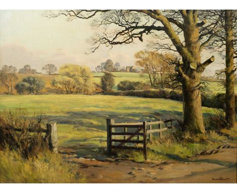 DONALD GRANT (c.1924-2001) Pastoral scene with open gate and farmstead, oil on canvas, signed, 89.5cm x 121.5cm Ex MacConnal 