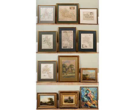 A collection of pictures to include; C Morris, landscape with a shepherd, oil on board, frame and glazed, 14cm x 19cm; Figure