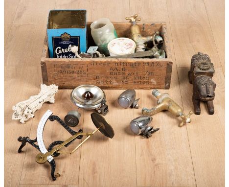 A group of collectables to include wooden moulds; metal hooks; door handles and taps; a brass bound hexagonal hall lantern, 4