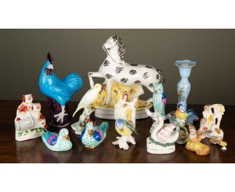 A pair of Herend hand painted ceramic ducks 7cm high; a Herend hand painted ceramic owl on perch, 13.5cm high; a Staffordshir