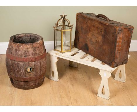 A coopered iron bound barrel 35cm diameter x 53cm high together with a white painted low luggage rack, 76cm wide x 46cm deep 