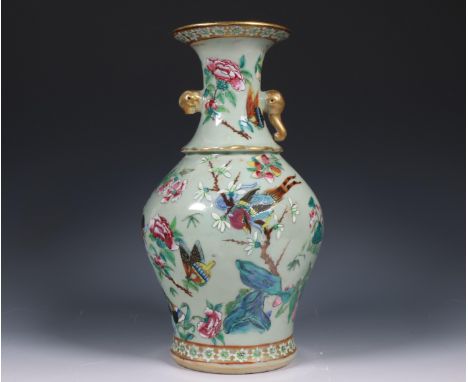 China, celadon-ground famille rose porcelain baluster vase, late Qing dynasty (1644-1912), decorated and gilt with a scholar 