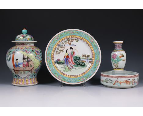 China, small collection of famille rose porcelain, 20th century, comprising a blauster vase and cover, a plate and a bowl var