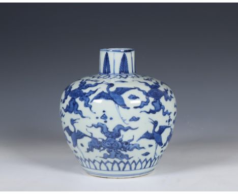 China, blue and white porcelain Ming-style vase, 20th century, the bulbous sides decorated with cranes among cloud scrolls h.