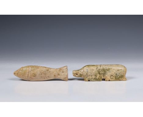 China, two nephrite jade carvings, one shaped as a fish and the other as a pig (stone altered, wear) l. 10,5 cm [2]